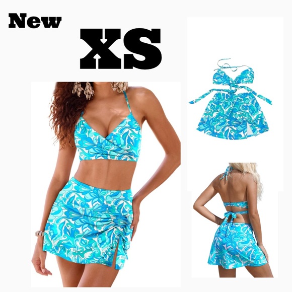 Quality Swimwear Other - Halter Top Skirt blue floral bikini size extra small
